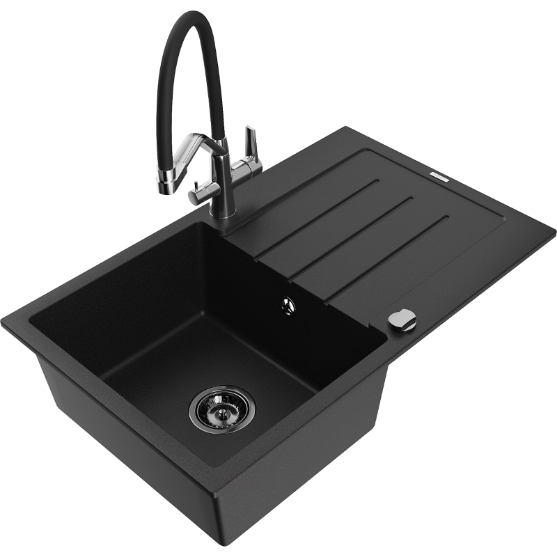 Mexen Bruno granitový dřez s 1 komorou a odkapávačem a kuchyňskou baterií Duo, černý - 6513-77-671701-07-B