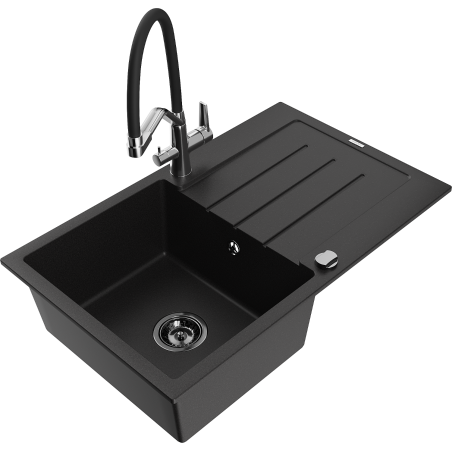 Mexen Bruno granitový dřez s 1 komorou a odkapávačem a kuchyňskou baterií Duo, černý - 6513-77-671701-07-B