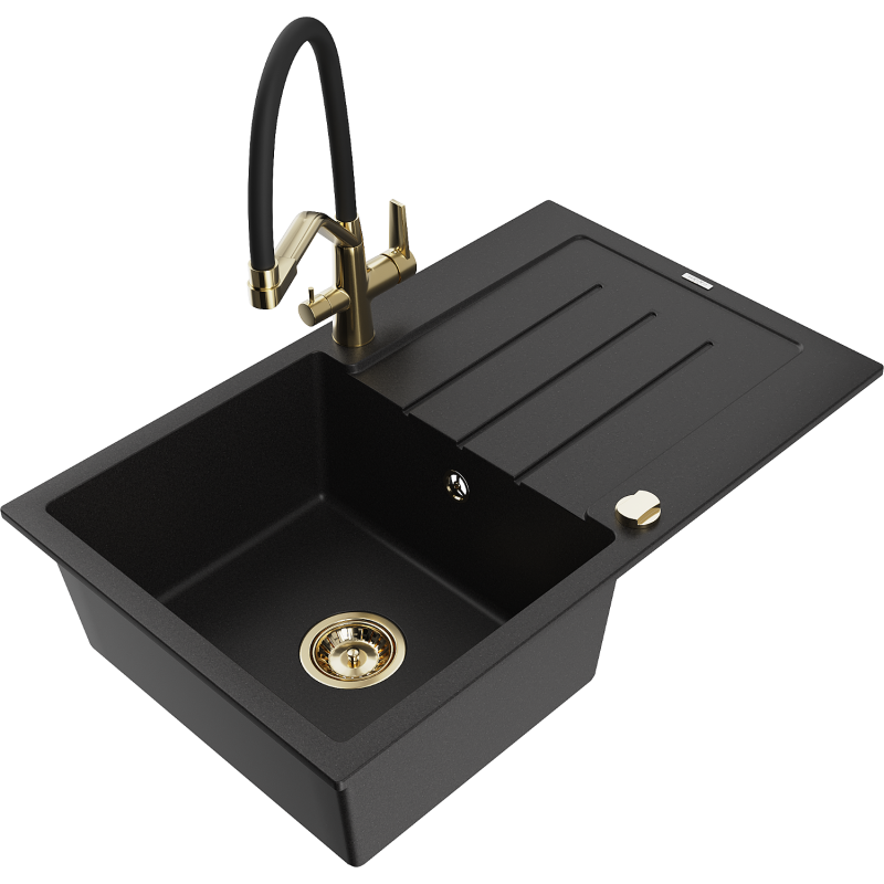 Mexen Bruno granitový dřez jednokomorový s odkapávačem a kuchyňská baterie Duo, černá - 6513-77-671701-57-G