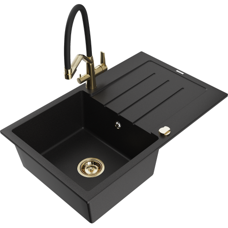Mexen Bruno granitový dřez jednokomorový s odkapávačem a kuchyňská baterie Duo, černá - 6513-77-671701-57-G