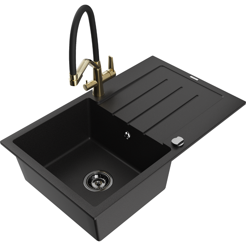 Mexen Bruno granitový dřez 1-komorový s odkapávačem a kuchyňskou baterií Duo, černý - 6513-77-671701-57-B