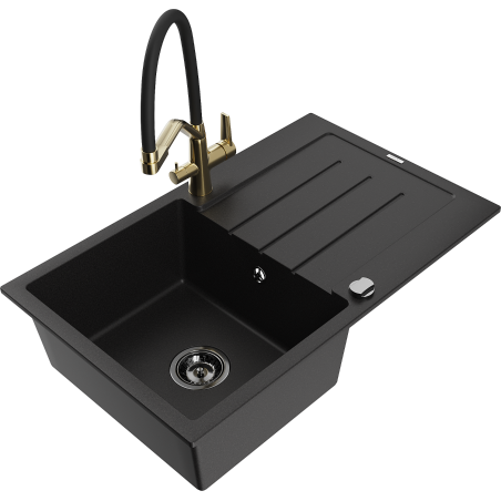 Mexen Bruno granitový dřez 1-komorový s odkapávačem a kuchyňskou baterií Duo, černý - 6513-77-671701-57-B