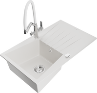 Mexen Cesar granitový dřez 1-komorový s odkapávačem a kuchyňskou baterií Duo, bílý - 6514-20-671701-02