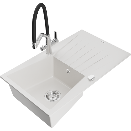 Mexen Cesar granitový jednodřez s odkapávačem a kuchyňskou baterií Duo, bílý - 6514-20-671701-07