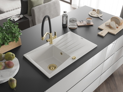 Mexen Cesar granitový dřez 1-komorový s odkapávačem a kuchyňskou baterií Duo, bílý - 6514-20-671701-57-G