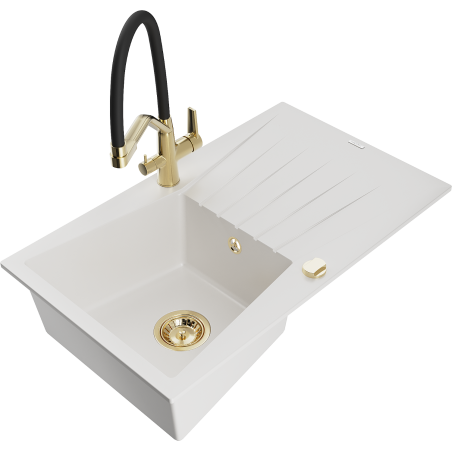 Mexen Cesar granitový dřez 1-komorový s odkapávačem a kuchyňskou baterií Duo, bílý - 6514-20-671701-57-G