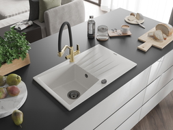 Mexen Cesar granitový dřez 1-komorový s odkapávačem a kuchyňskou baterií Duo, bílý - 6514-20-671701-57-B