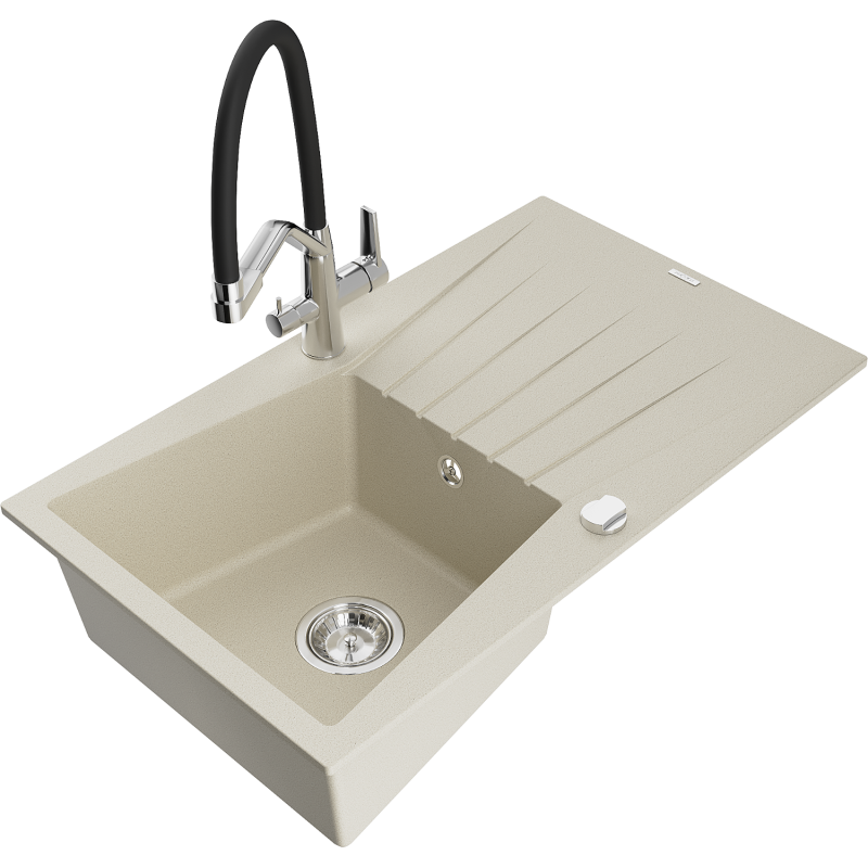Mexen Cesar granitový dřez s 1 komorou s odkapávačem a kuchyňskou baterií Duo, béžový - 6514-69-671701-07