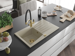 Mexen Cesar granitový dřez 1-komorový s odkapávačem a kuchyňskou baterií Duo, béžový - 6514-69-671701-57-G