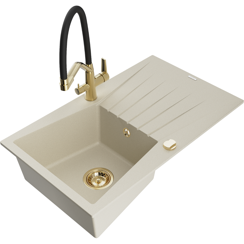 Mexen Cesar granitový dřez 1-komorový s odkapávačem a kuchyňskou baterií Duo, béžový - 6514-69-671701-57-G