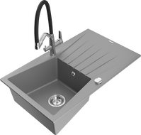 Mexen Cesar dřez granitový 1-komorový s odkapávačem a kuchyňskou baterií Duo, šedý - 6514-71-671701-07