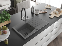 Mexen Cesar žulový dřez s 1 komorou, odkapávačem a kuchyňskou baterií Duo, šedý - 6514-71-671701-07-B