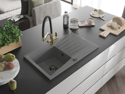 Mexen Cesar granitový dřez s 1 komorou, odkapávačem a kuchyňskou baterií Duo, šedý - 6514-71-671701-57-B