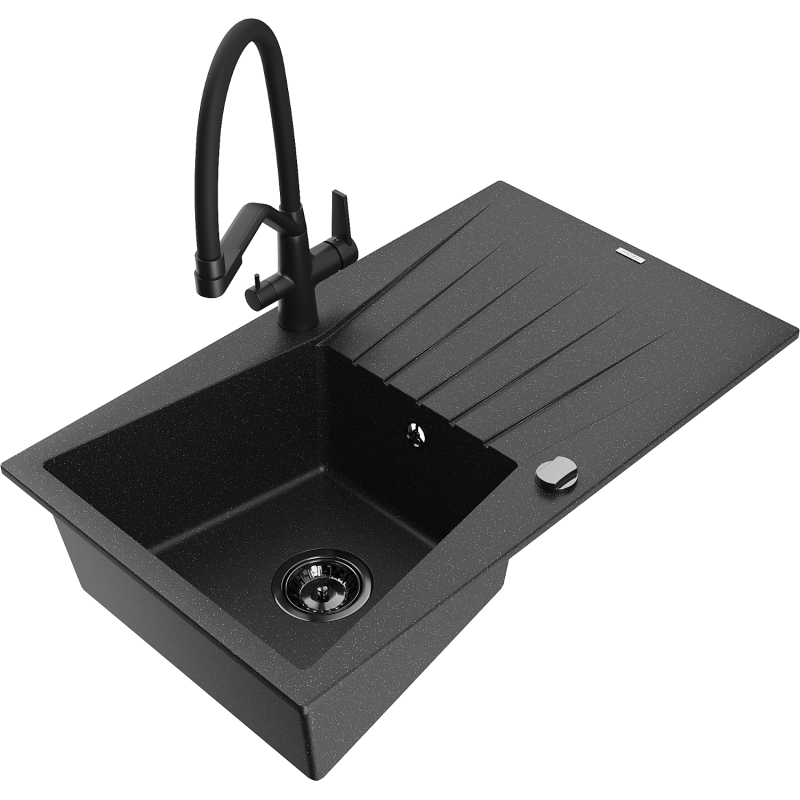 Mexen Cesar granitový dřez s 1 komorou, odkapávačem a kuchyňskou baterií Duo, černý/stříbrný metalik - 6514-73-671701-70-B