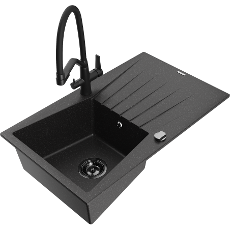 Mexen Cesar granitový dřez s 1 komorou, odkapávačem a kuchyňskou baterií Duo, černý/stříbrný metalik - 6514-73-671701-70-B
