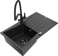 Mexen Cesar granitový dřez s 1 komorou, odkapávačem a kuchyňskou baterií Duo, černý/stříbrný metalický
