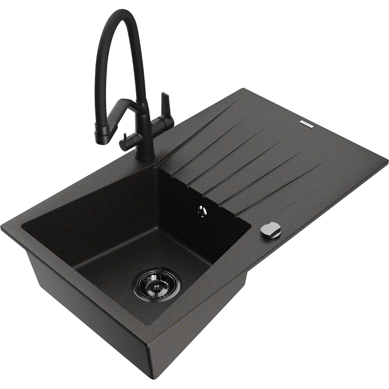 Mexen Cesar granitový jednodřez s odkapávačem a kuchyňskou baterií Duo, černý/zlatý metalický - 6514-75-671701-70-B