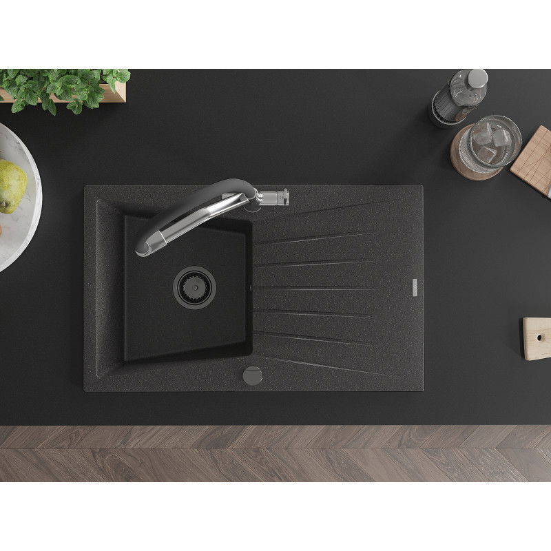 Mexen Cesar žulový jednodřez s odkapávačem a kuchyňskou baterií Duo, černý s tečkami - 6514-76-671701-07-B