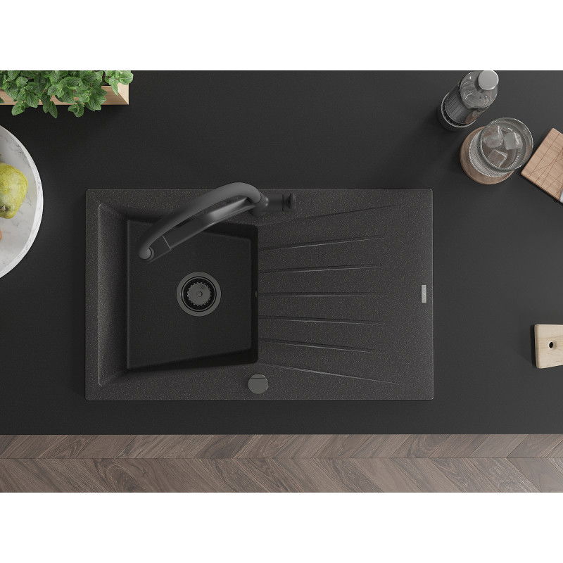 Mexen Cesar granitový dřez s 1 komorou a odkapávačem a kuchyňskou baterií Duo, černý kropenatý - 6514-76-671701-70-B