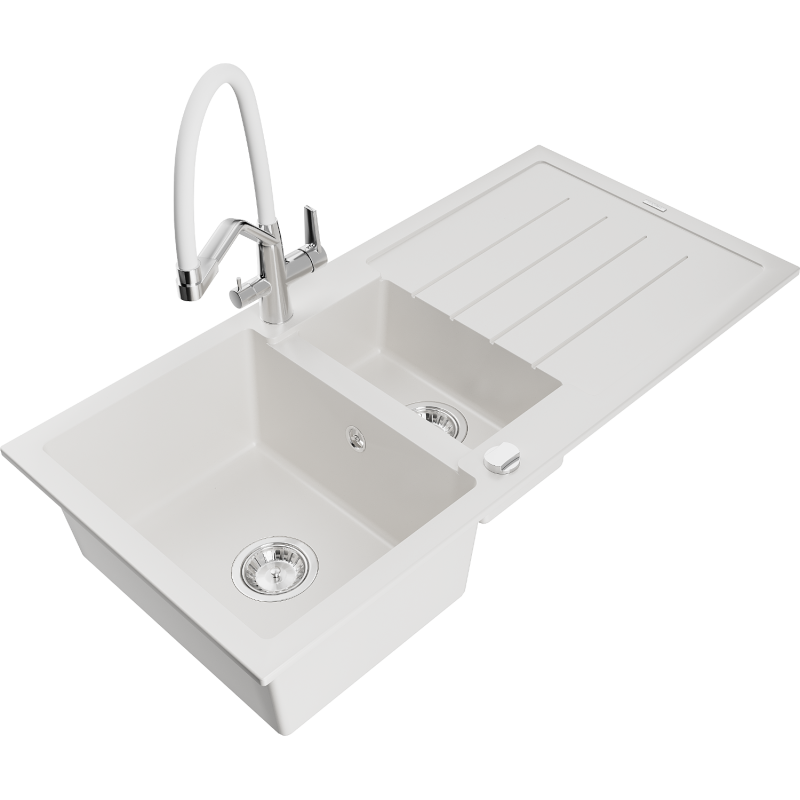 Mexen Andres dřez granitový 1,5-komorový s odkapávačem a kuchyňskou baterií Duo, bílý - 6515-20-671701-02