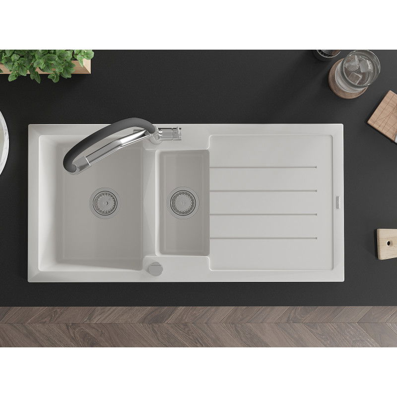 Mexen Andres granitový dřez 1,5-komorový s odkapávačem a kuchyňskou baterií Duo, bílý - 6515-20-671701-07