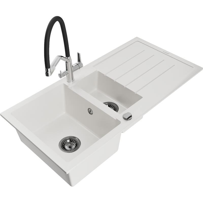 Mexen Andres granitový dřez 1,5-komorový s odkapávačem a kuchyňskou baterií Duo, bílý - 6515-20-671701-07-B