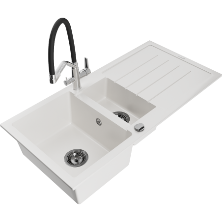 Mexen Andres granitový dřez 1,5-komorový s odkapávačem a kuchyňskou baterií Duo, bílý - 6515-20-671701-07-B