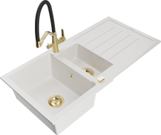 Mexen Andres granitový dřez 1,5-komorový s odkapávačem a kuchyňskou baterií Duo, bílý - 6515-20-671701-57-G