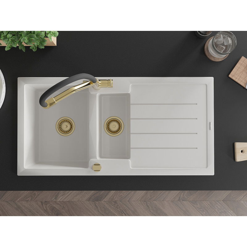 Mexen Andres granitový dřez 1,5-komorový s odkapávačem a kuchyňskou baterií Duo, bílý - 6515-20-671701-57-G
