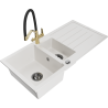 Mexen Andres granitový dřez 1,5-komorový s odkapávačem a kuchyňskou baterií Duo, bílý - 6515-20-671701-57-B