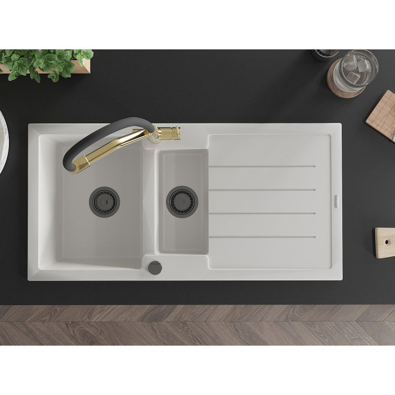 Mexen Andres granitový dřez 1,5-komorový s odkapávačem a kuchyňskou baterií Duo, bílý - 6515-20-671701-57-B