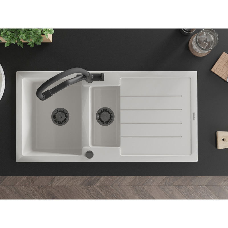 Mexen Andres granitový dřez 1,5-komorový s odkapávačem a kuchyňskou baterií Duo, bílý - 6515-20-671701-70-B