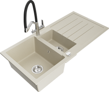 Mexen Andres granitový dřez 1,5-komorový s odkapávačem a kuchyňskou baterií Duo, béžový - 6515-69-671701-07