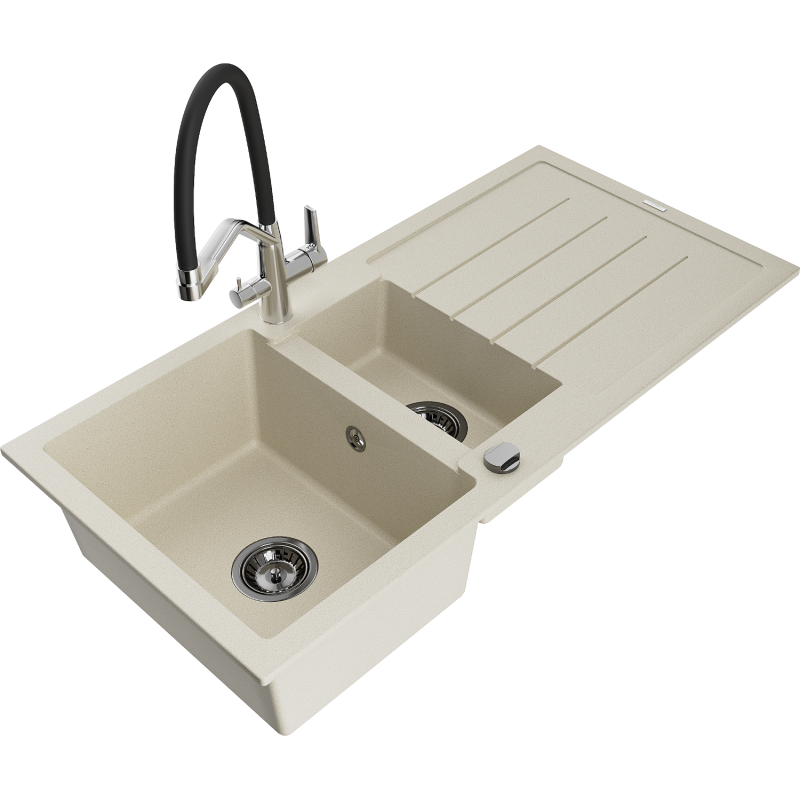 Mexen Andres granitový dřez 1,5-komorový s odkapávačem a kuchyňskou baterií Duo, béžový - 6515-69-671701-07-B