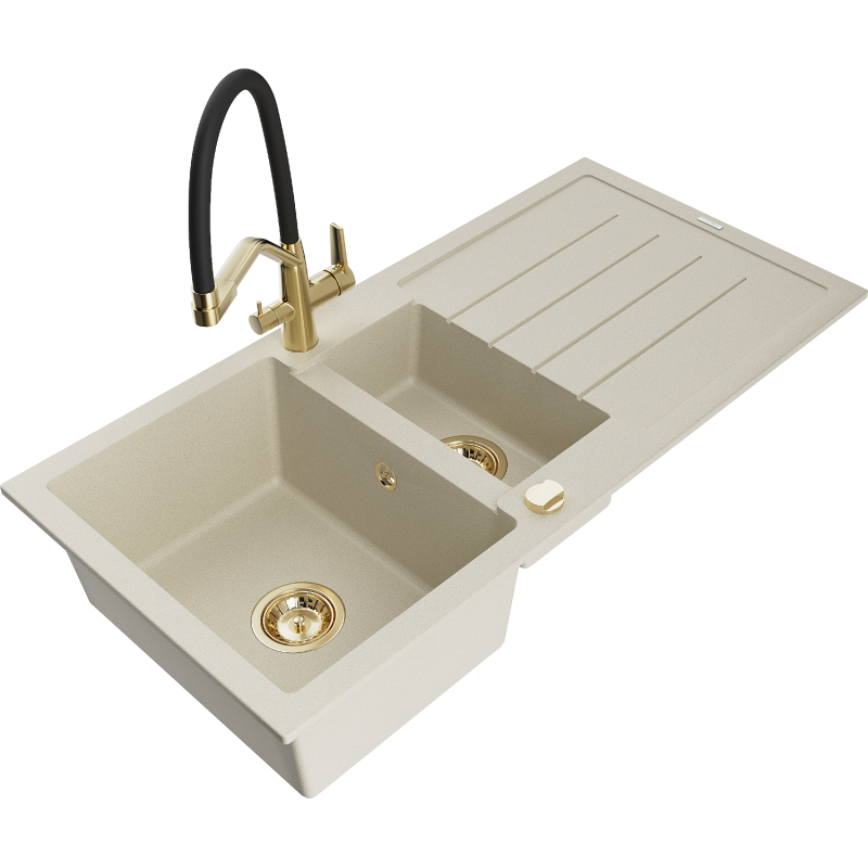 Mexen Andres granitový dřez 1,5-komorový s odkapávačem a kuchyňskou baterií Duo, béžový - 6515-69-671701-57-G