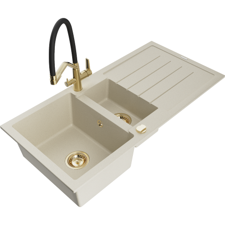 Mexen Andres granitový dřez 1,5-komorový s odkapávačem a kuchyňskou baterií Duo, béžový - 6515-69-671701-57-G