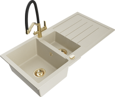 Mexen Andres granitový dřez 1,5-komorový s odkapávačem a kuchyňskou baterií Duo, béžový - 6515-69-671701-57-G