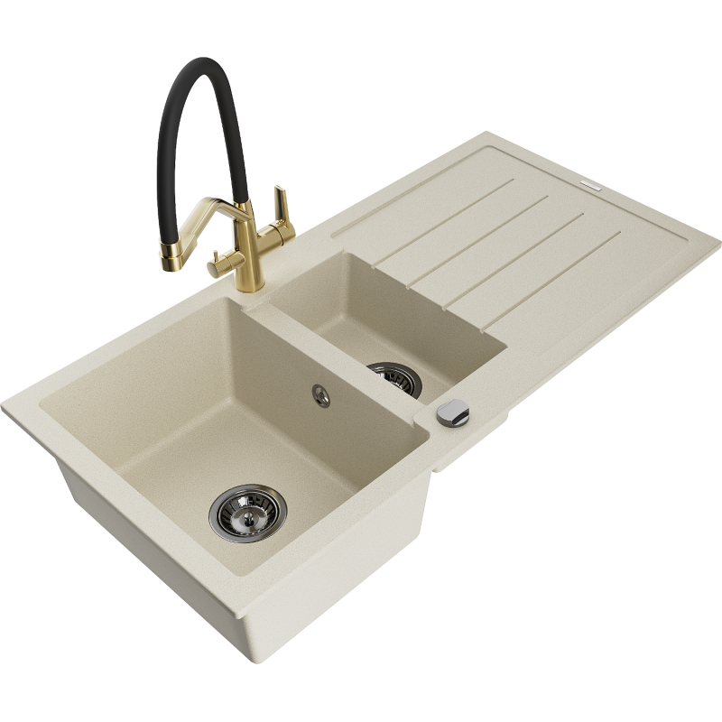 Mexen Andres granitový dřez 1,5-komorový s odkapávačem a kuchyňskou baterií Duo, béžový - 6515-69-671701-57-B