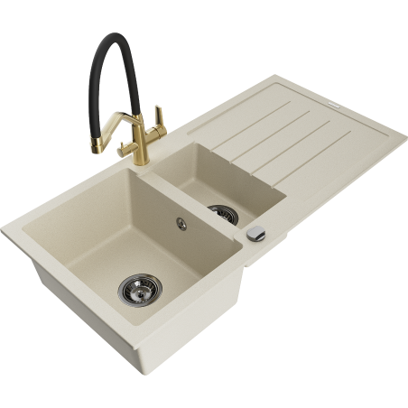 Mexen Andres granitový dřez 1,5-komorový s odkapávačem a kuchyňskou baterií Duo, béžový - 6515-69-671701-57-B