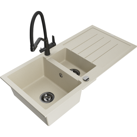 Mexen Andres granitový dřez 1,5-komorový s odkapávačem a kuchyňskou baterií Duo, béžový - 6515-69-671701-70-B