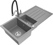 Mexen Andres granitový dřez 1,5-komorový s odkapávačem a kuchyňskou baterií Duo, šedý - 6515-71-671701-07