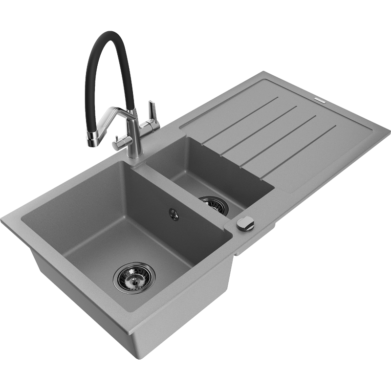 Mexen Andres granitový dřez 1,5-komorový s odkapávačem a kuchyňskou baterií Duo, šedý - 6515-71-671701-07-B