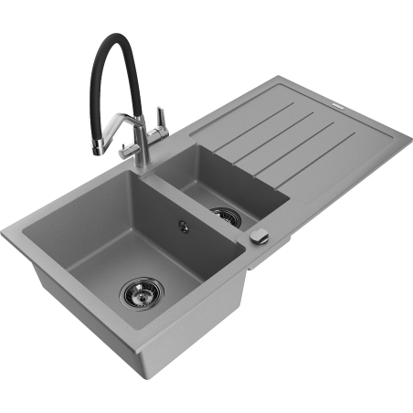 Mexen Andres granitový dřez 1,5-komorový s odkapávačem a kuchyňskou baterií Duo, šedý - 6515-71-671701-07-B