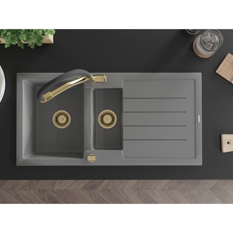 Mexen Andres granitový dřez 1,5 komorový s odkapávačem a kuchyňskou baterií Duo, šedý - 6515-71-671701-57-G