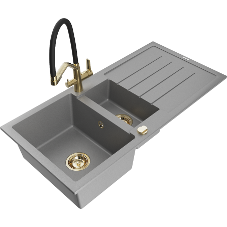 Mexen Andres granitový dřez 1,5 komorový s odkapávačem a kuchyňskou baterií Duo, šedý - 6515-71-671701-57-G