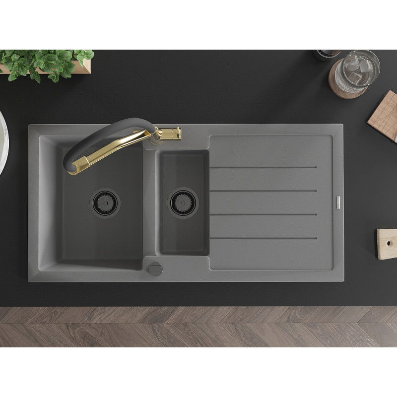 Mexen Andres žulový dřez 1,5-komorový s odkapávačem a kuchyňskou baterií Duo, šedý - 6515-71-671701-57-B