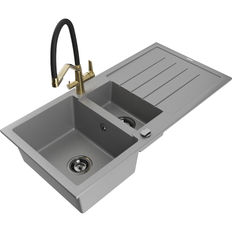Mexen Andres žulový dřez 1,5-komorový s odkapávačem a kuchyňskou baterií Duo, šedý - 6515-71-671701-57-B