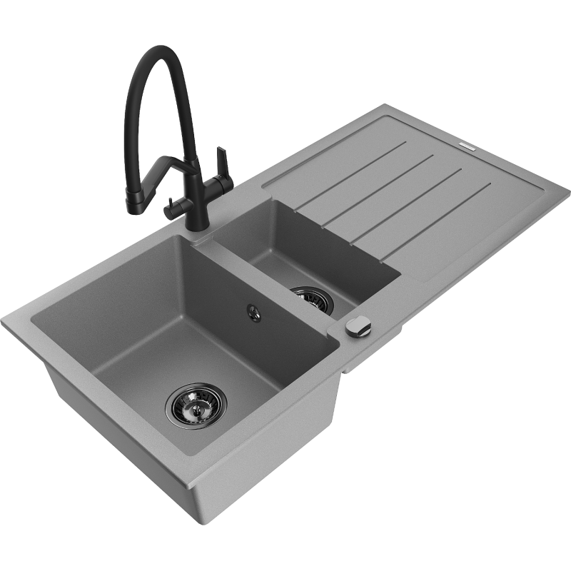 Mexen Andres granitový dřez 1,5-komorový s odkapávačem a kuchyňskou baterií Duo, šedý - 6515-71-671701-70-B