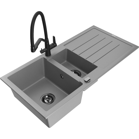 Mexen Andres granitový dřez 1,5-komorový s odkapávačem a kuchyňskou baterií Duo, šedý - 6515-71-671701-70-B