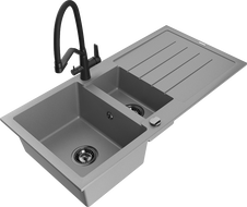 Mexen Andres granitový dřez 1,5-komorový s odkapávačem a kuchyňskou baterií Duo, šedý - 6515-71-671701-70-B